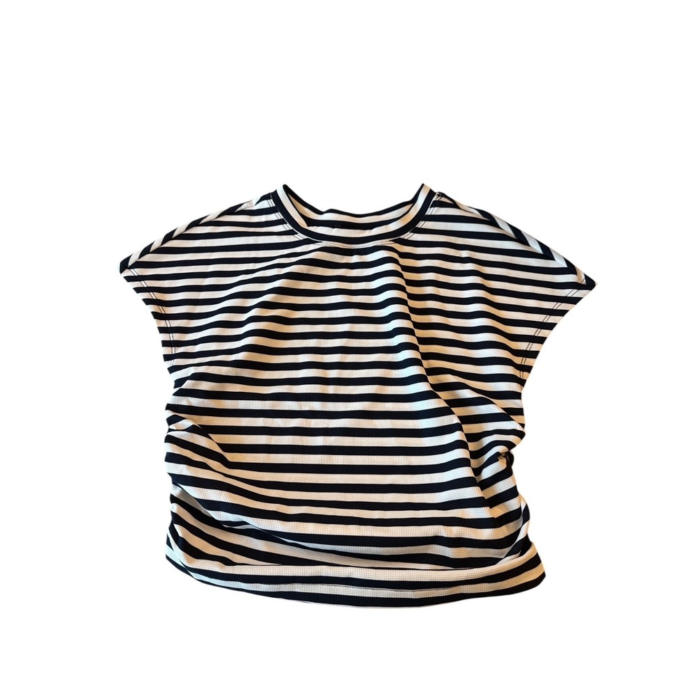 Halara Waffle Relaxed Casual Work Tee Black White Stripe Athleisure Size XS NWT